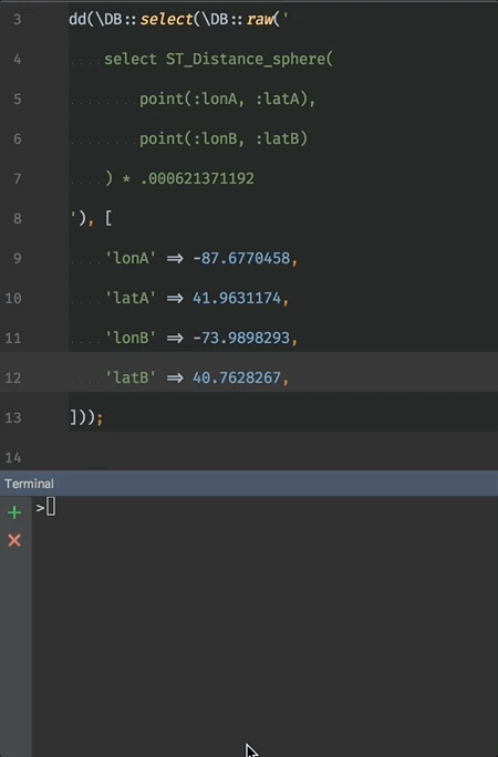 GIF showing using Artisan Tinker to select a distance from MySQL